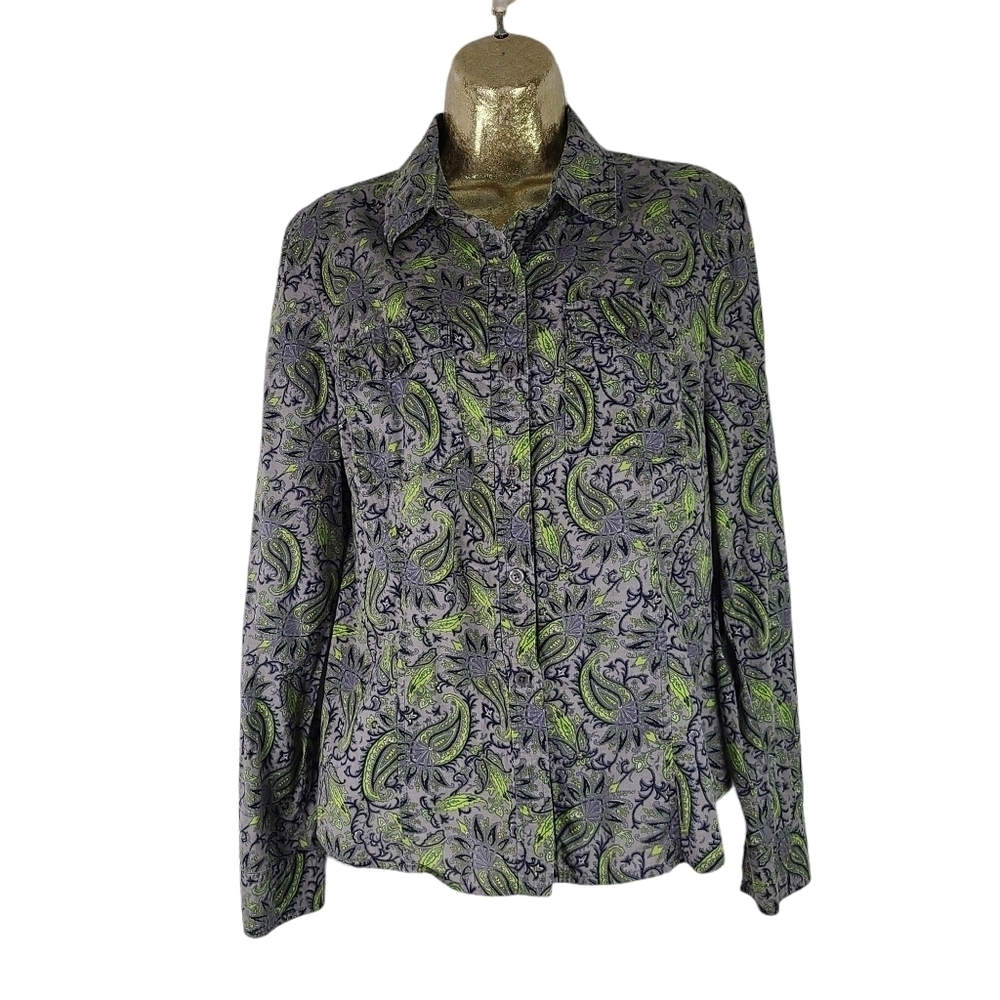 Michael Kors Paisley Shirt Womens Medium Green Blue Button Down Long Sleeve